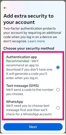 گزینه اول را برای احراز هویت اینستاگرام با برنامههای احراز هویت انتخاب کنید