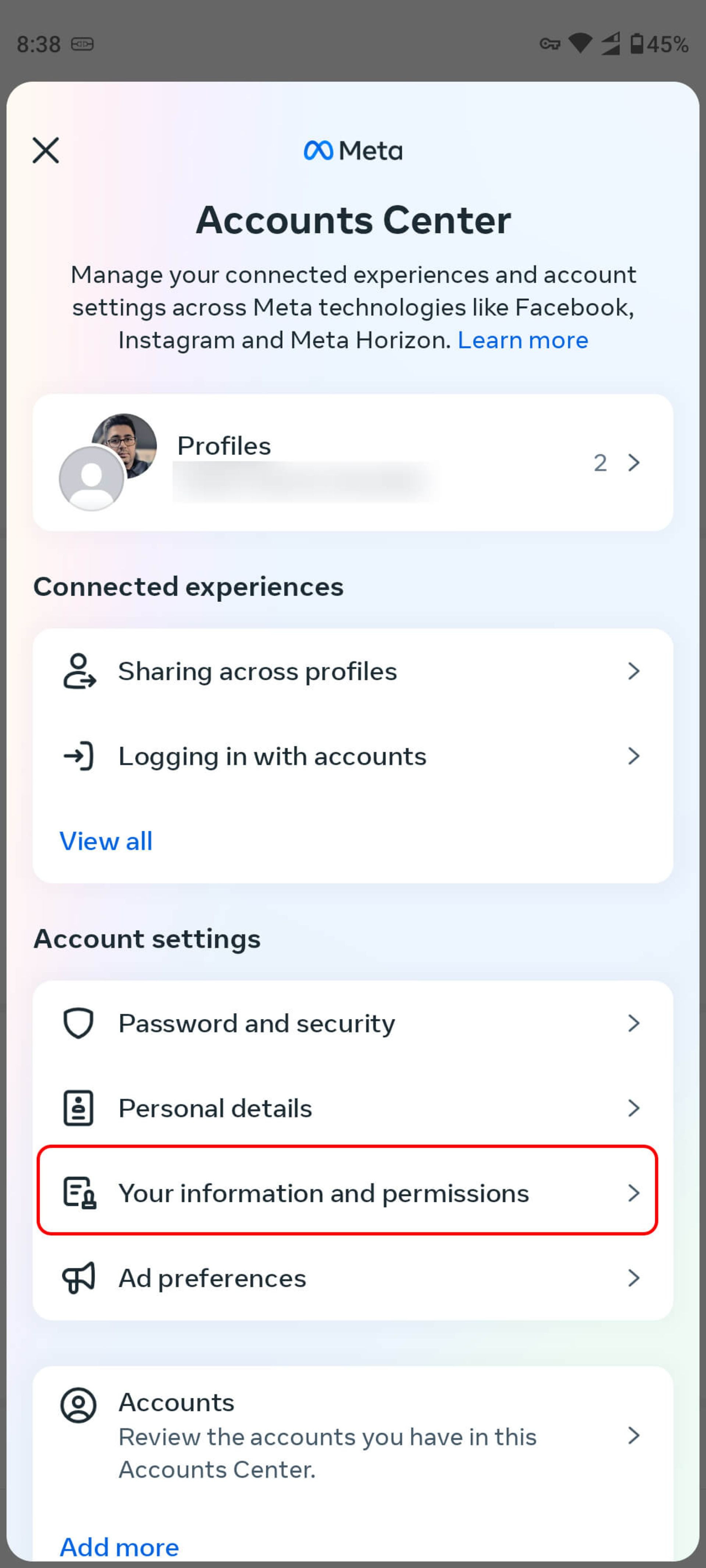 انتخاب Your Information and permissions در اینستاگرام
