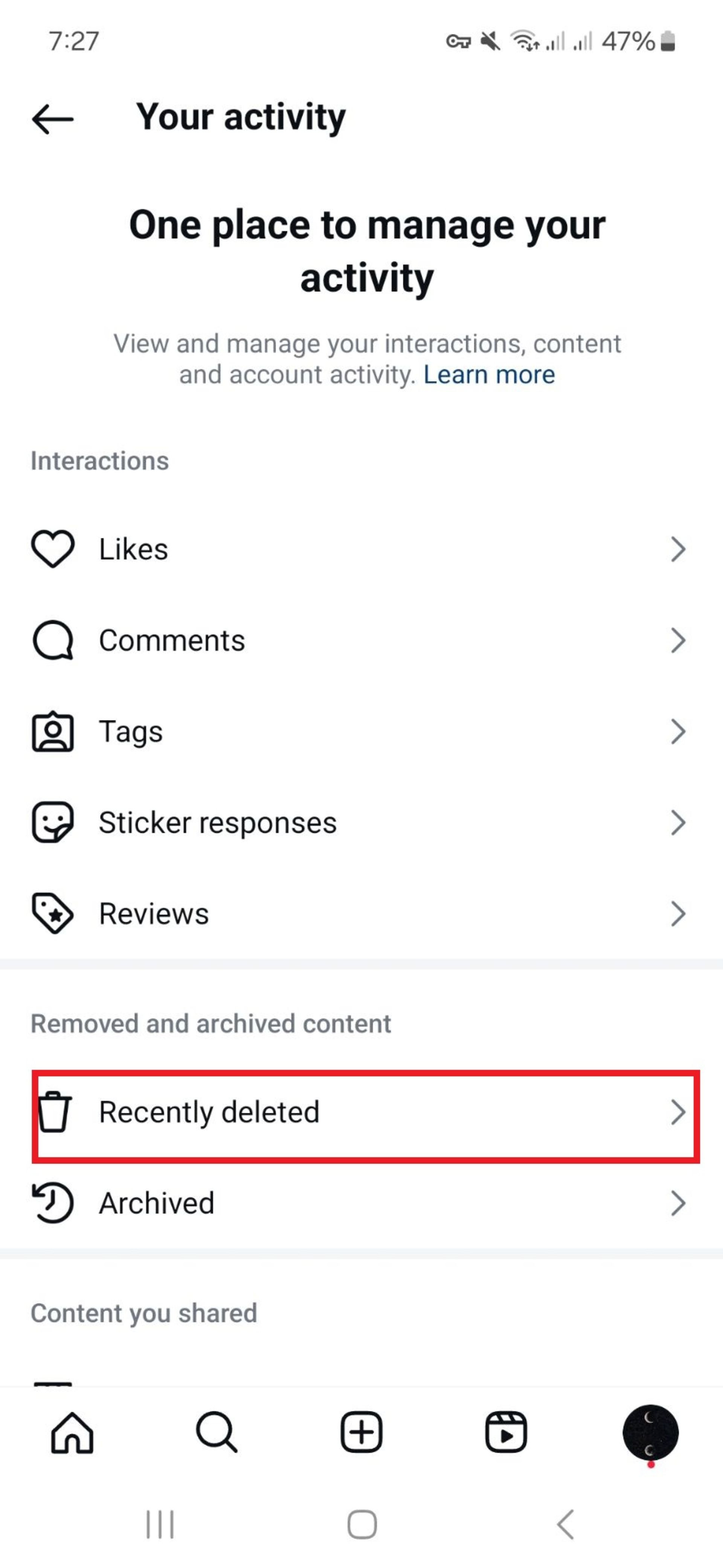 گزینه‌ی recently deleted در اینستاگرام